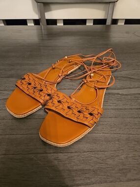 Tory Burch Basketweave Lace-Up Espadrille Sandal Aged Camello Size 8.5